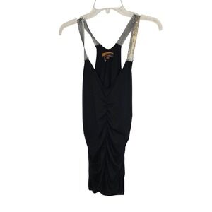 Bebe Black Ruched Top Silver  Straps V-Neck Size Medium